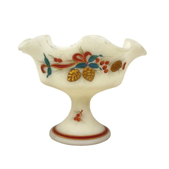 Vintage Hand-Painted Milk Glass Compote Bowl With Pinecone and Berry Design - Picture 1 of 8